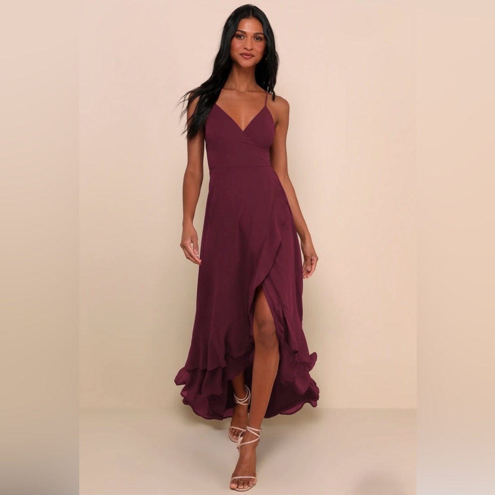 Lulu's Burgundy Ruffle Wrap Maxi Dress